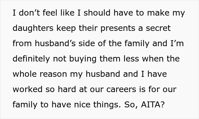 Text expressing frustration about keeping daughters' Easter gifts secret from husband's family and gift buying fairness.
