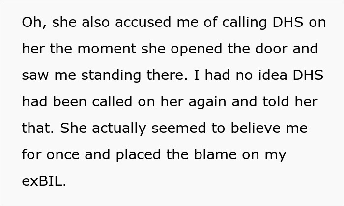 Text describing sister threatening to call the cops after woman brings kids home, causing shaking and fake crying behavior.