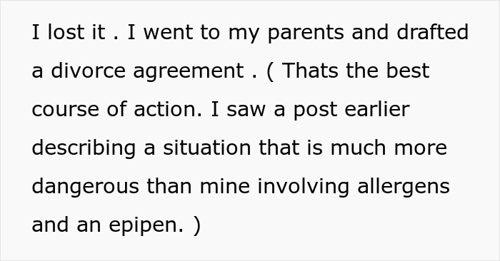 Text excerpt discussing drafting a divorce agreement after a toddler is poisoned with essential oils by MIL.