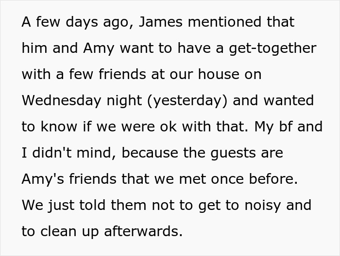 Text excerpt from a woman describing a get-together party with friends at homeowners&rsquo; house.