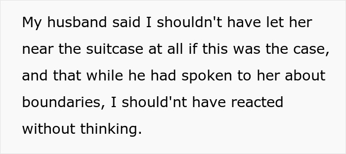 Text excerpt about boundaries and reactions, related to mil criticizing bikini suitcase incident in a personal context.