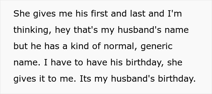 Text excerpt showing a woman realizing her husband&rsquo;s name and birthday while setting up a WIC profile at work.
