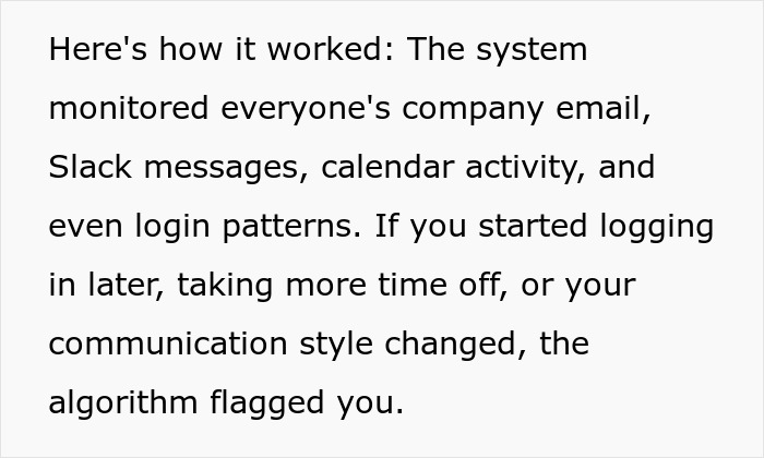 Text explaining how a corporate spying system monitored employee emails, messages, calendar, and login patterns.