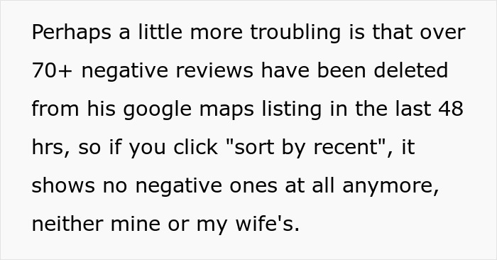 Text discussing deleted negative reviews on Google Maps concerning a caf&eacute;'s rigid rules affecting a wife with allergies.