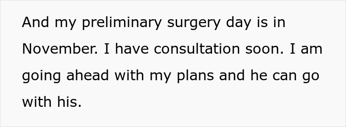 Text excerpt about preliminary surgery plans amid a husband reduction and plastic surgery ultimatum discussion.