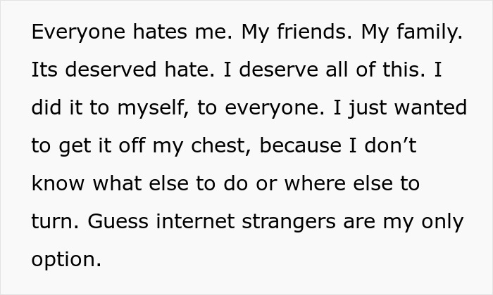 Text on a white background expressing guilt and regret over sabotaging a marriage through an online affair.