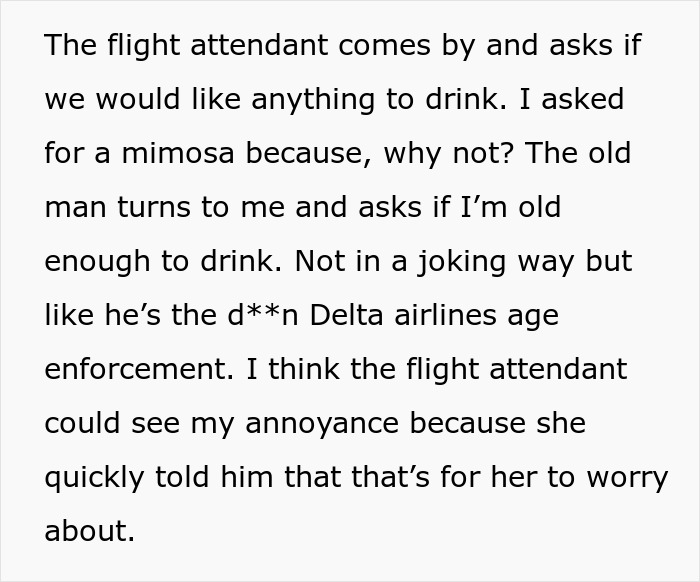 Alt text: Woman’s first class flight experience disrupted by rude old man, she responds confidently on plane. Alt text: Woman’s first class flight experience disrupted by rude old man, she responds confidently on plane.