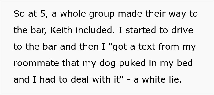 Text showing a petty response to a creepy coworker involving a white lie about a dog puking in bed.