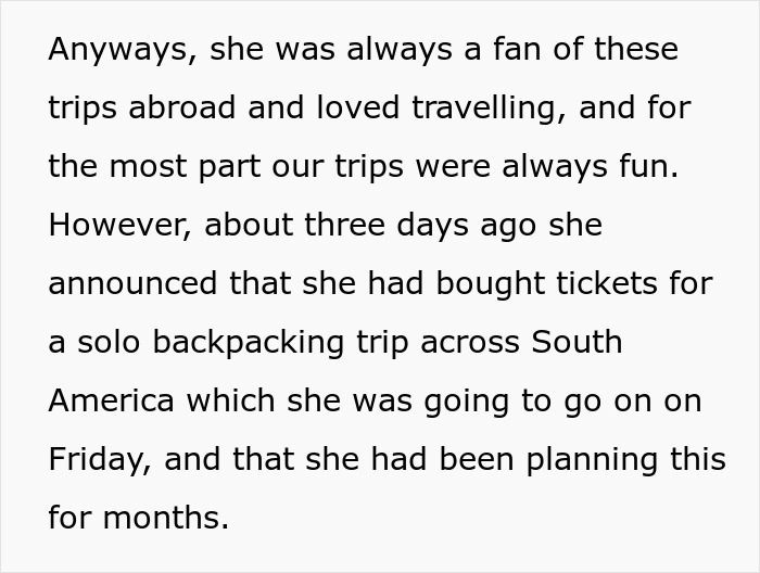 Woman planning a solo trip for months tells partner days before leaving and faces relationship breakup. Woman planning a solo trip for months tells partner days before leaving and faces relationship breakup.