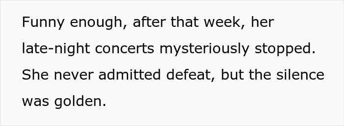 Text on a white background reads about late-night concerts stopping mysteriously after a week, implying petty revenge for blasted music.