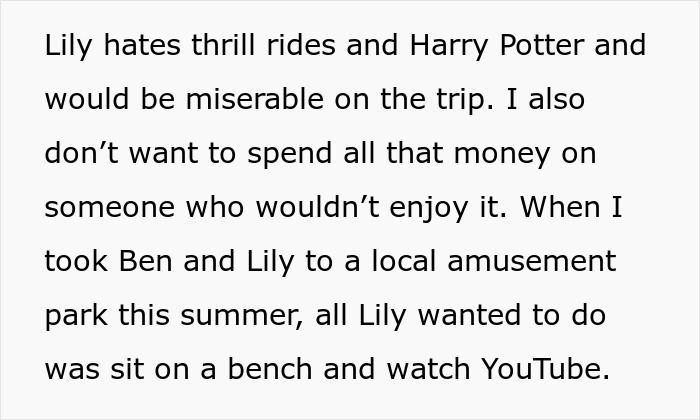 Text discussing a sister accusing favoritism toward nephew and niece over shared family activities and expenses.