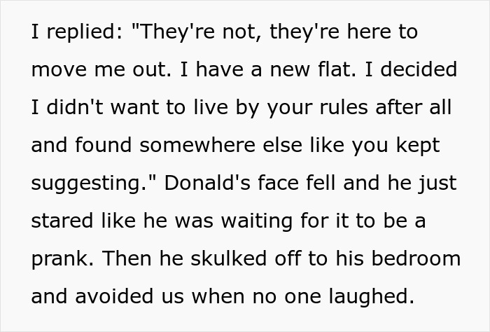 Text excerpt showing a roommate confrontation about moving out after mortgage-related issues cause tension.