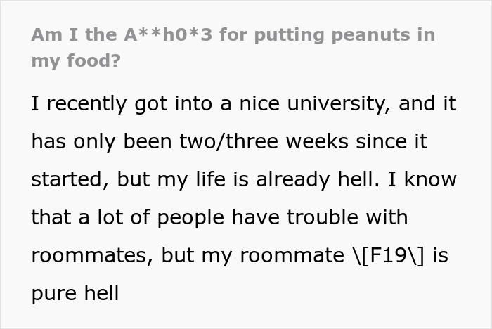 Alt text: Excerpt of a text post about a serial food thief with a peanut allergy causing trouble with her roommate.