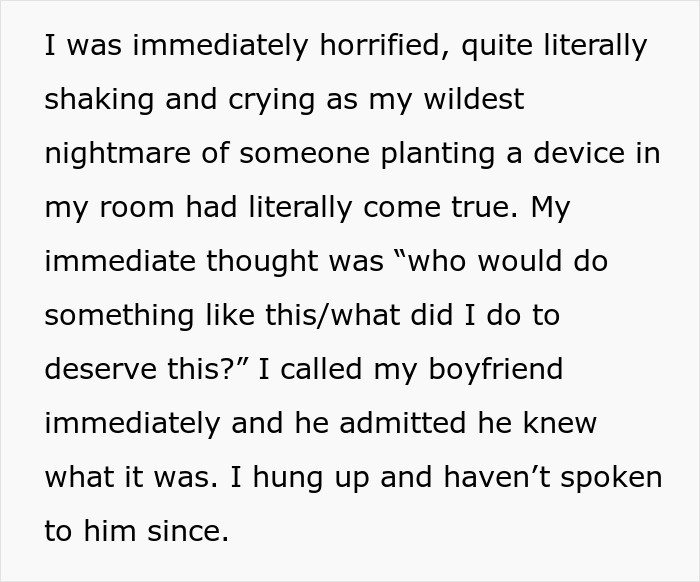 Alt text: Woman finds hidden device planted by boyfriend in closet, feeling shocked and betrayed after the discovery.