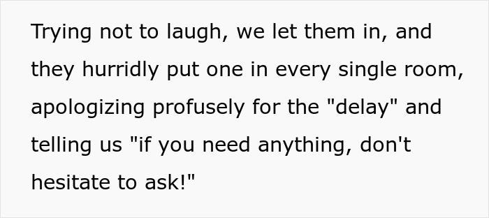 Text excerpt from a landlord malicious compliance drama where tenants react to an unexpected situation with humor.