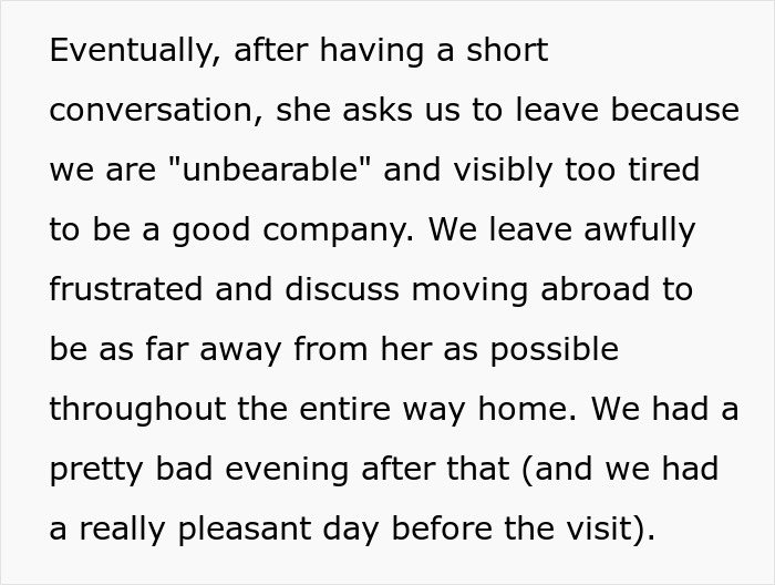 Text describing frustration with cheap MIL feeding spoiled food and bullying son and his girlfriend into eating it.