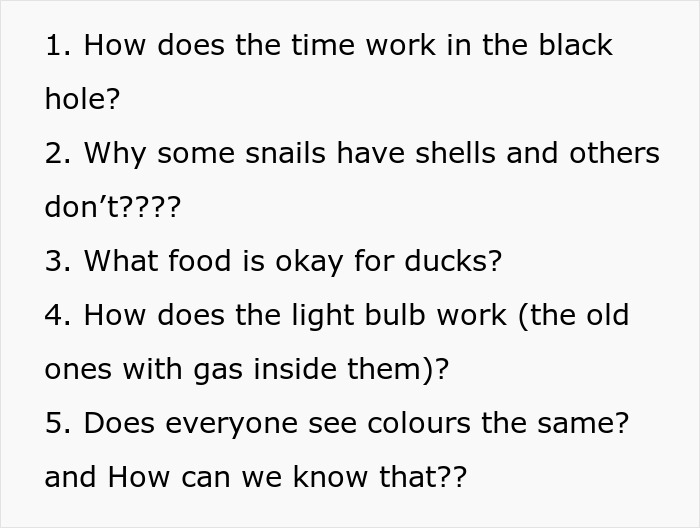 Text listing five curious questions about science and nature, reflecting surprising topics future MIL brands bride-to-be stupid disbelief.