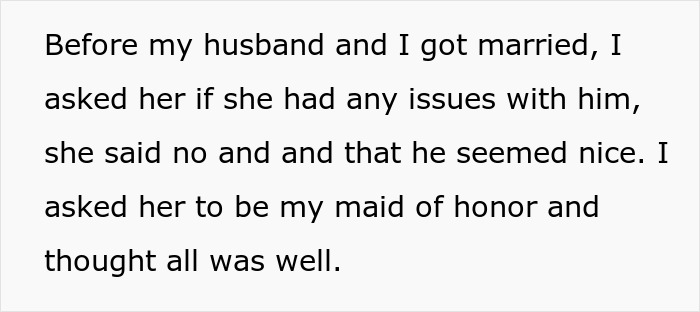 Text excerpt about a woman asking her sister-in-law about issues with her husband before marriage, mentioning maid of honor.