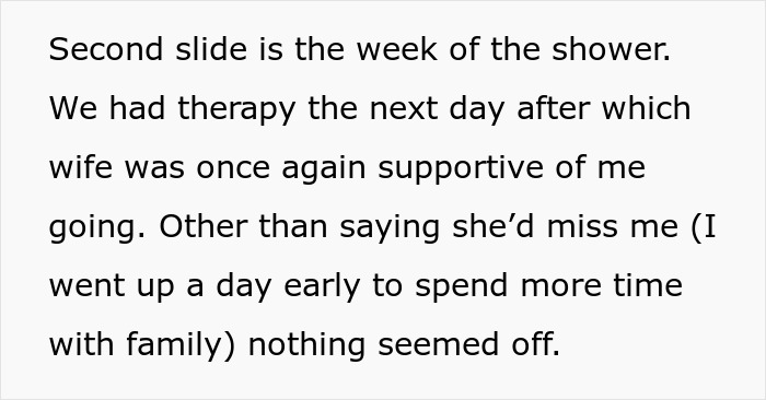 Text discussing the week of a baby shower and the husband&rsquo;s therapy after his wife&rsquo;s reaction to attending.