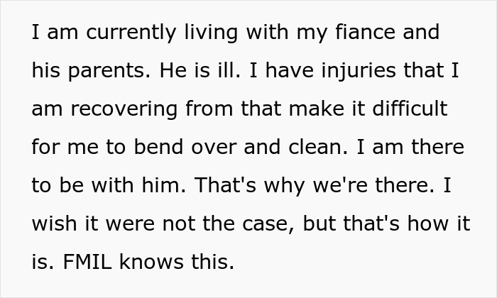 Text excerpt about living with fianc&eacute;'s parents, injuries, and mention of mother-in-law in the context of anaphylactic shock incident.
