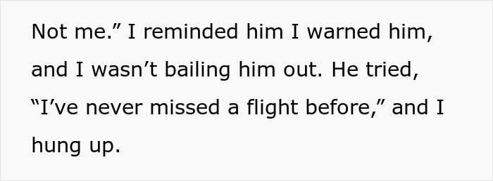 Text excerpt showing a man missing his flight and expecting his wife to rescue him, receiving a lesson instead.