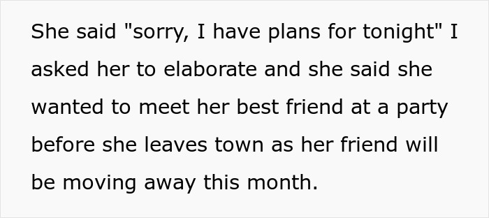 Text excerpt about a teen choosing a friend's farewell party over babysitting siblings, causing dad to pull funding.