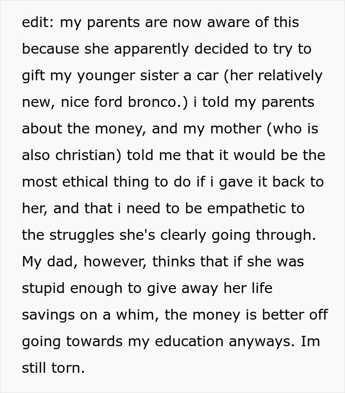 Text about a Christian family debating ethical choices involving money, education, and empathy during a rapture scenario.