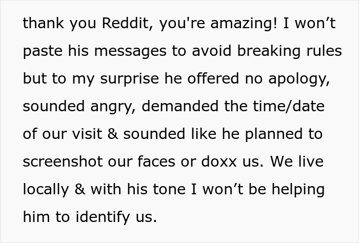 Text excerpt from a post showing frustration over caf&eacute;&rsquo;s rigid rules affecting a wife with allergies during a coffee date.