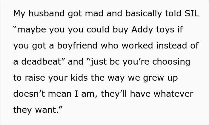 Screenshot of a text conversation about SIL exploding after kids discuss Easter gifts and family tensions over gift choices.