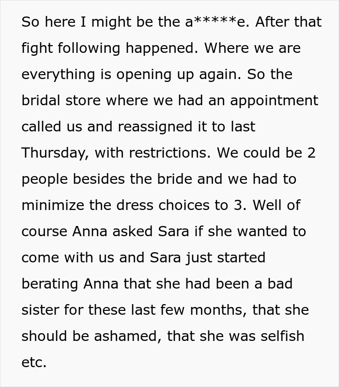Single sister struggles with emotions and conflict following sibling's engagement and bridal store appointment restrictions.