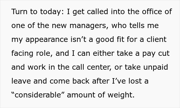 Text excerpt showing a new manager suggesting an overweight woman take unpaid leave to lose weight before client-facing work.