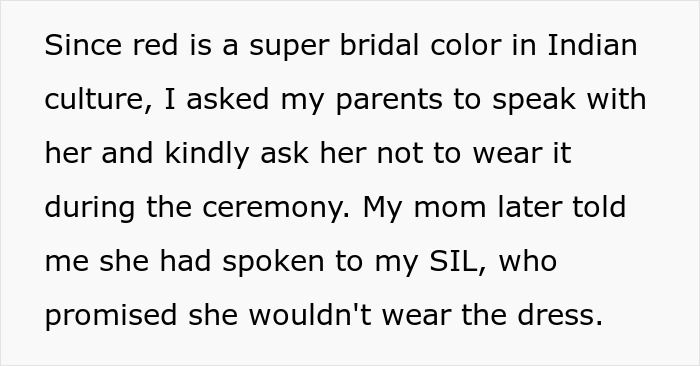Text excerpt about bridal color in Indian culture, mentioning SIL and wedding ceremony attire request.