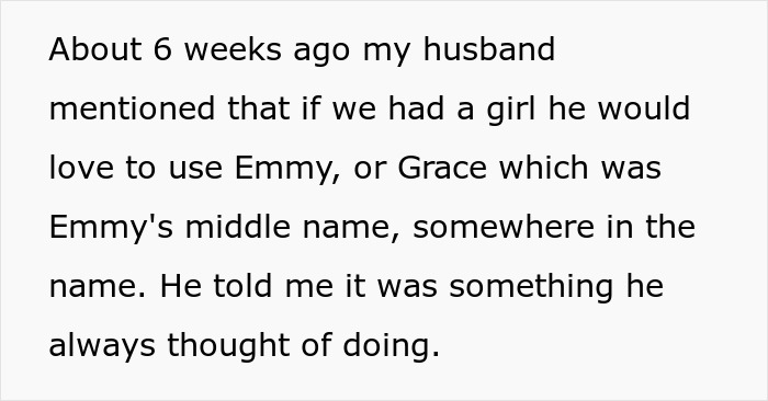 Text excerpt about husband wanting to name baby Emmy or Grace after his first girlfriend, upsetting wife. Text excerpt about husband wanting to name baby Emmy or Grace after his first girlfriend, upsetting wife.