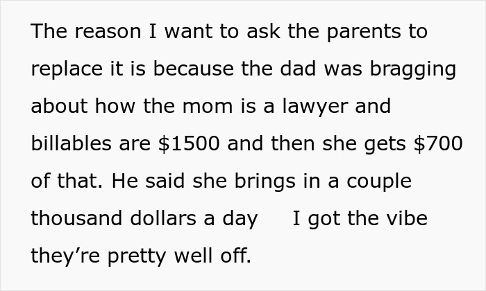 Text excerpt explaining why the babysitter wants to ask parents to replace laptop after kid poured water on it.