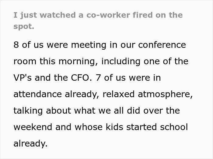 Office conference room scene with CFO firing employee immediately after a body-shaming comment incident.