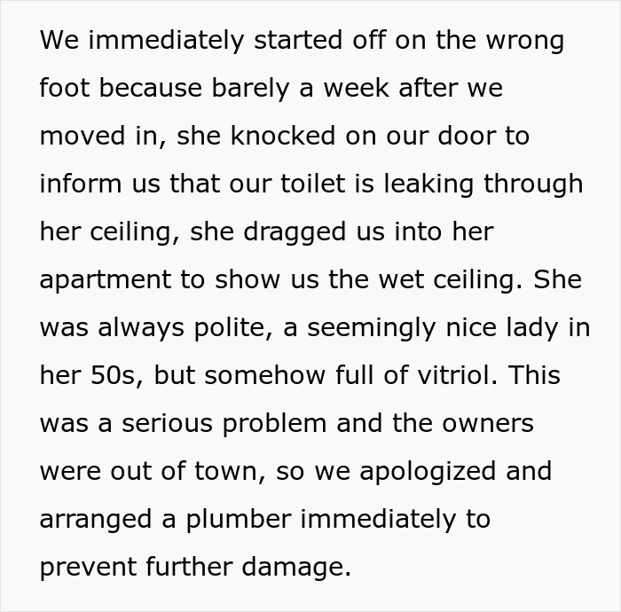 Text about dealing with nosy neighbor trauma involving a leaking toilet and tense neighbor interactions. Text about dealing with nosy neighbor trauma involving a leaking toilet and tense neighbor interactions.