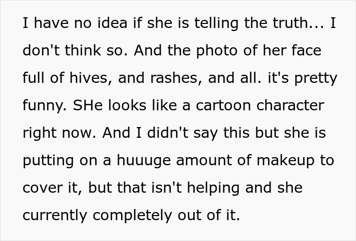 Text excerpt about a serial food thief with peanut allergy experiencing hives and rashes after stealing roommate&rsquo;s dinner.