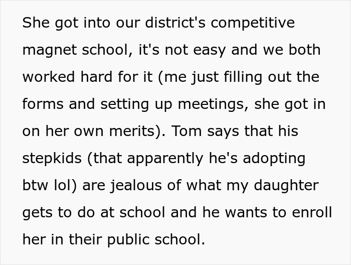 Text excerpt about a dad paying child support and wanting control, with mom pushing back on the issue.