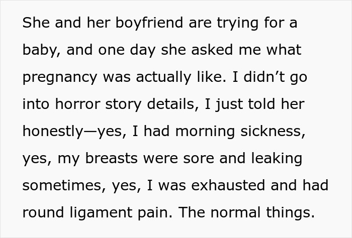 Text describing pregnancy experiences, discussing morning sickness, sore breasts, exhaustion, and ligament pain during pregnancy.