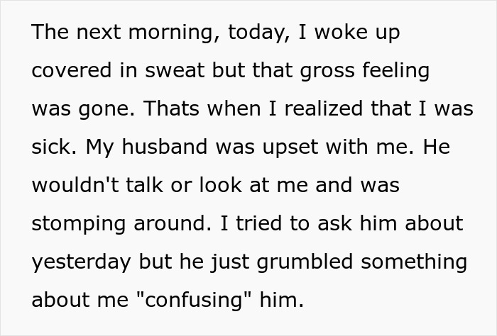 Text describing a man upset and distant, stepping over his passed out wife and leaving her behind to go to bed.