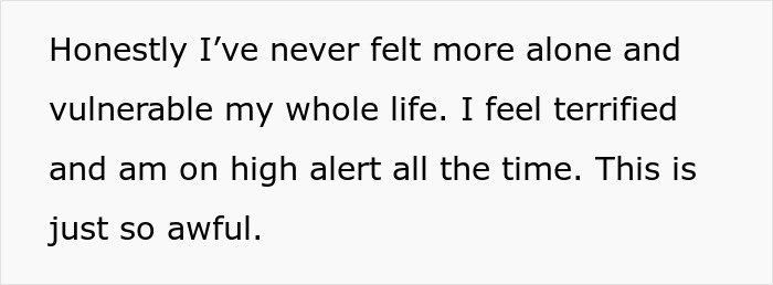 Alt text: Emotional text expressing feelings of being alone, vulnerable, and terrified in a husband coerces wife into pregnancy context