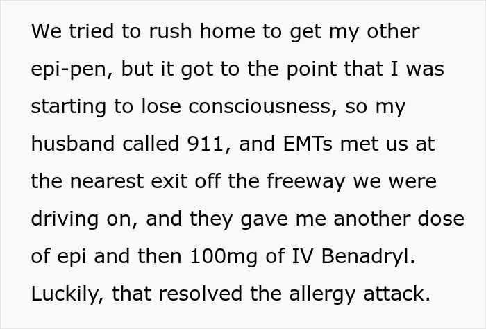 Woman suffers anaphylactic shock after her brother-in-law lied about what he cooked for lunch causing severe allergic reaction.