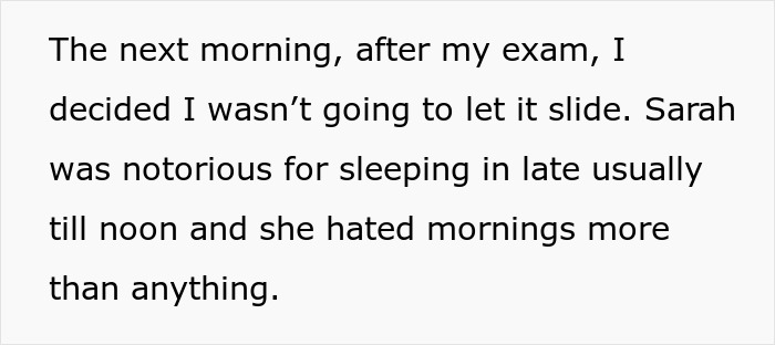 Text excerpt describing a student planning petty revenge after a neighbor blasted music early in the morning.
