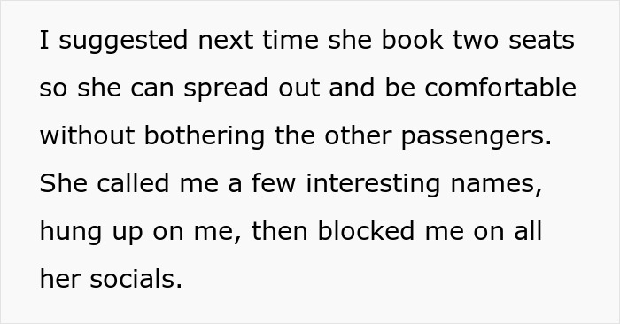 Text conversation about woman suggesting obese friend buy two seats for comfort on flight, resulting in name-calling and being blocked.