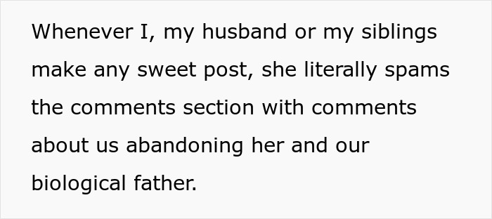 Text excerpt about family conflict and social media comments revealing dirty laundry aired out online by stalker half-sis. Text excerpt about family conflict and social media comments revealing dirty laundry aired out online by stalker half-sis.