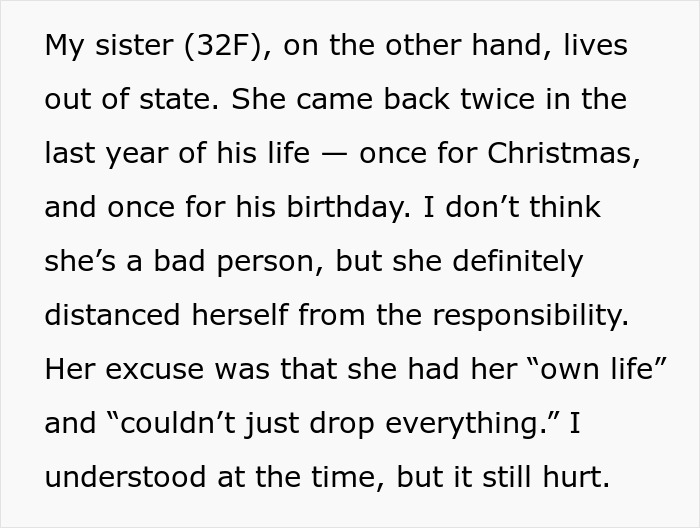 Text excerpt discussing a woman&rsquo;s sister living out of state and distancing herself from family responsibilities.
