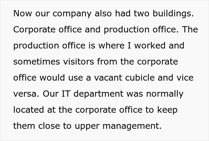 Text describing office setup with corporate and production buildings, highlighting coworkers and office karma moments. Text describing office setup with corporate and production buildings, highlighting coworkers and office karma moments.