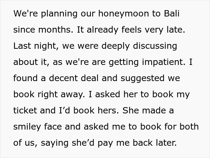 Text excerpt about husband and wife planning honeymoon, discussing money issues and booking tickets for their trip.