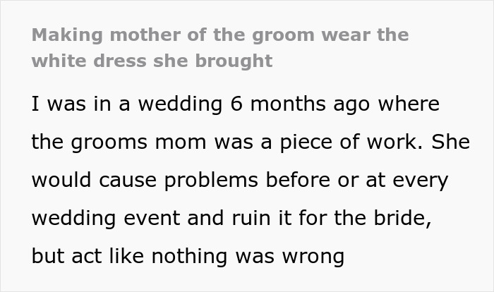 Mother of the groom wearing a white dress at a wedding, facing backlash from the bridal party for dress disruption. Mother of the groom wearing a white dress at a wedding, facing backlash from the bridal party for dress disruption.