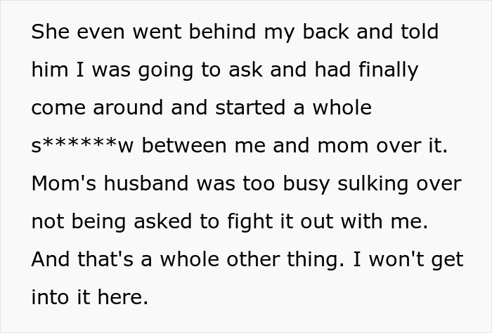 Text excerpt describing conflict involving bride refusing mom's husband to walk her down the aisle and sister causing drama.